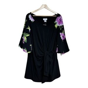 Avenue Studio Black Floral Tie Front 3/4 Sleeve Top Women's Plus Size 22/24